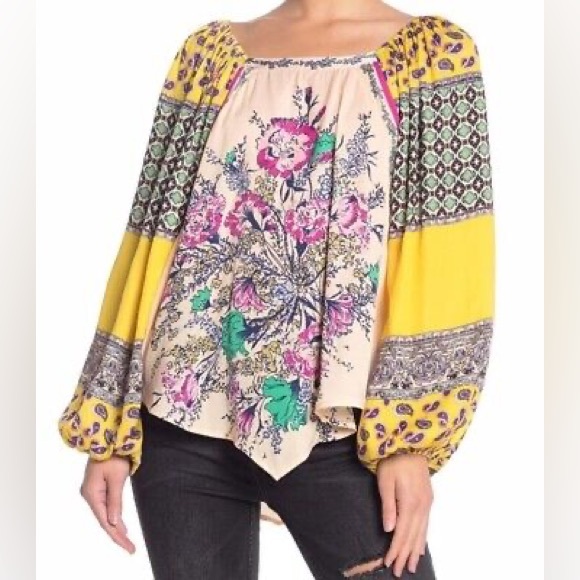 Free People Tops - Free People Positano Balloon Sleeve Pink Yellow Floral Oversized Blouse medium